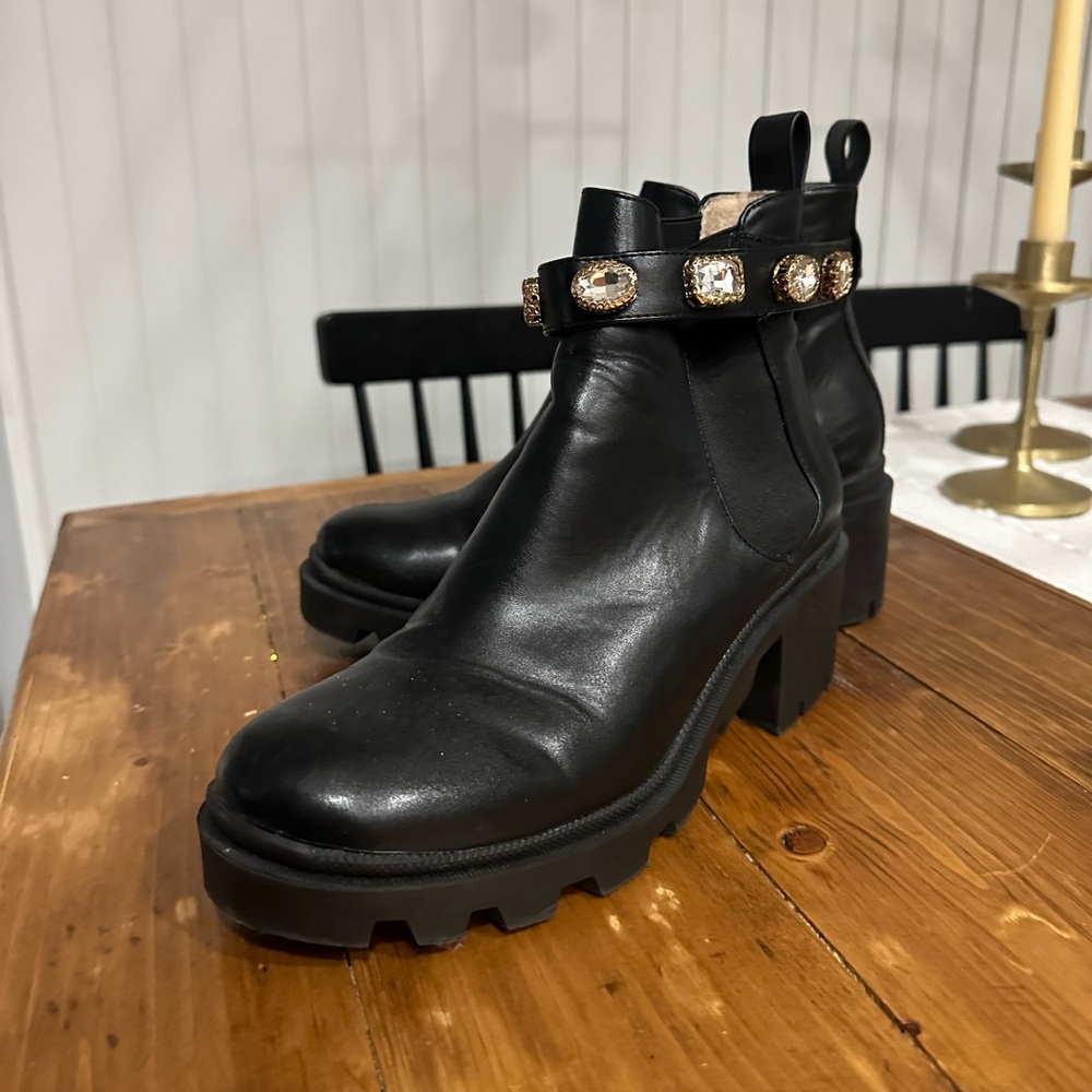 Steve Madden Amulet Jewel Embellished Lug Sole Chunky Block Heel Combat Booties